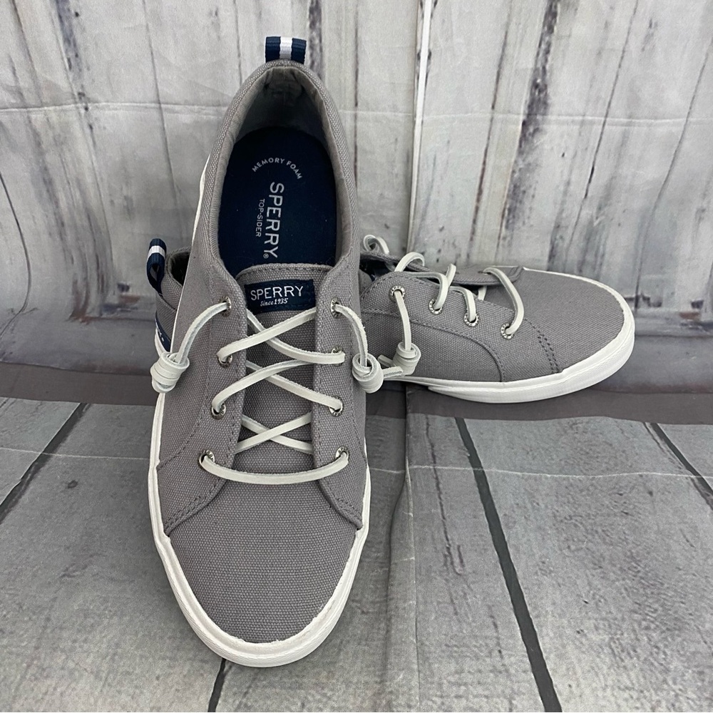 Sperry Women Size 9.5 Gray White Top Sider Memory Foam Canvas Slip On Boat Shoes